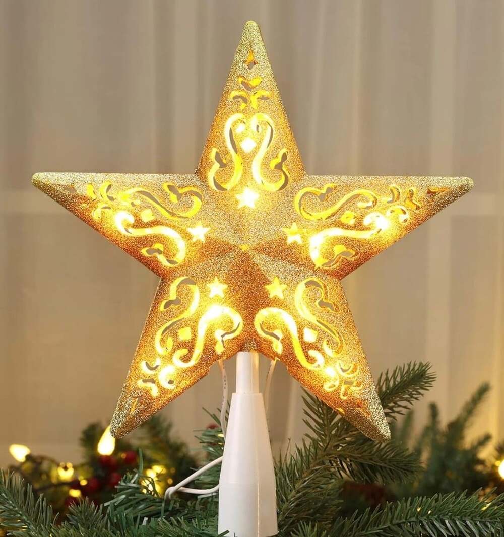 Brizled Gold Glitter Lighted Star Christmas Tree Topper